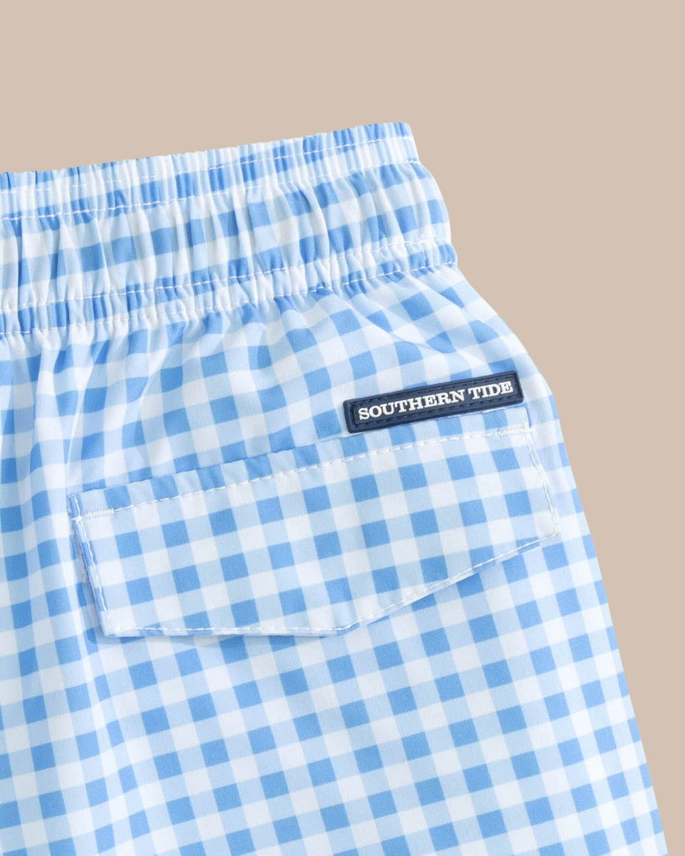 The detail view of the Southern Tide Boys Baldwin Gingham Printed Swim Trunk by Southern Tide - Ocean Channel