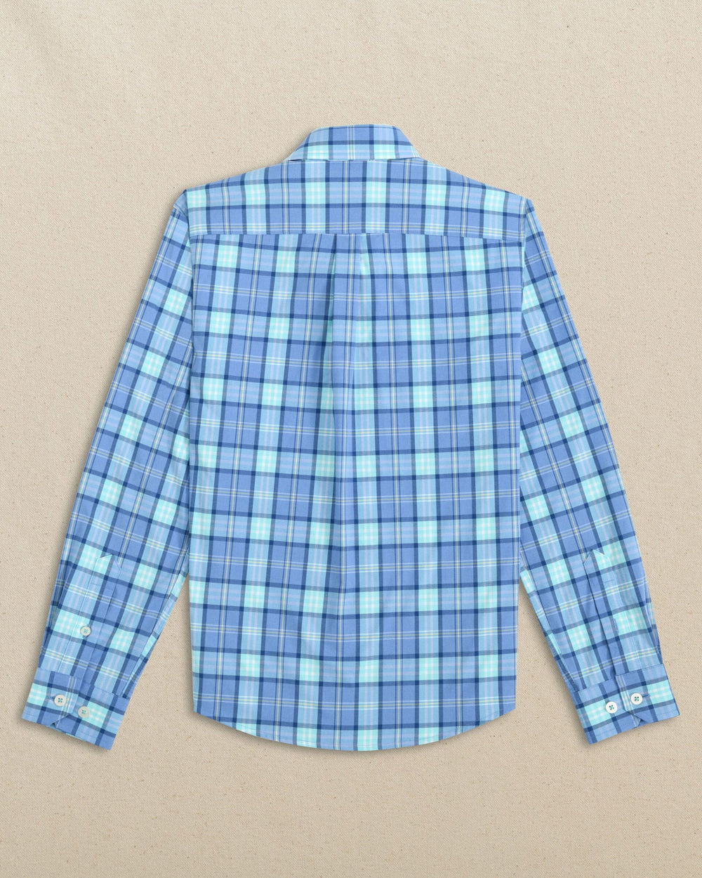 The back view of the Southern Tide Boys Barfield Heather Coastal Breeze® Sport Shirt by Southern Tide - Heather Tide Blue