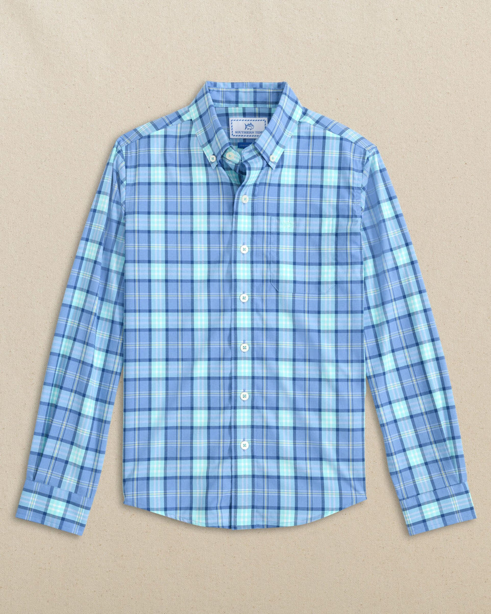 The front view of the Southern Tide Boys Barfield Heather Coastal Breeze® Sport Shirt by Southern Tide - Heather Tide Blue