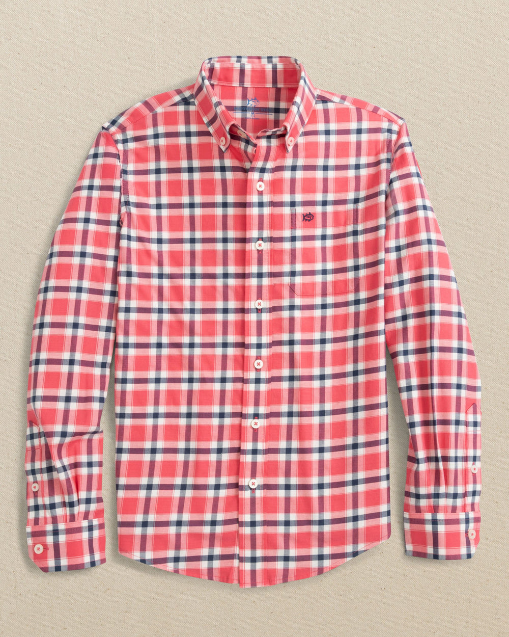 The front view of the Southern Tide Boys Beachrock Plaid Skipjack Sport Shirt by Southern Tide - Snapper