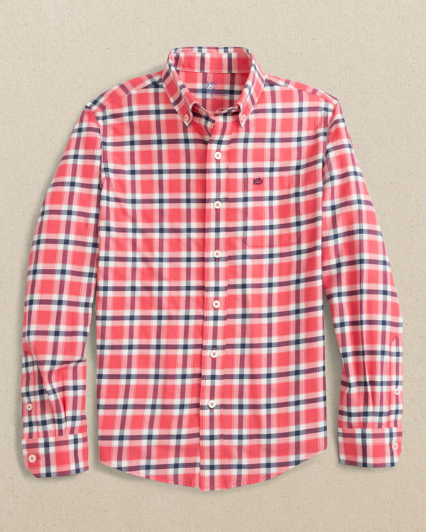 The front view of the Southern Tide Boys Beachrock Plaid Skipjack Sport Shirt by Southern Tide - Snapper