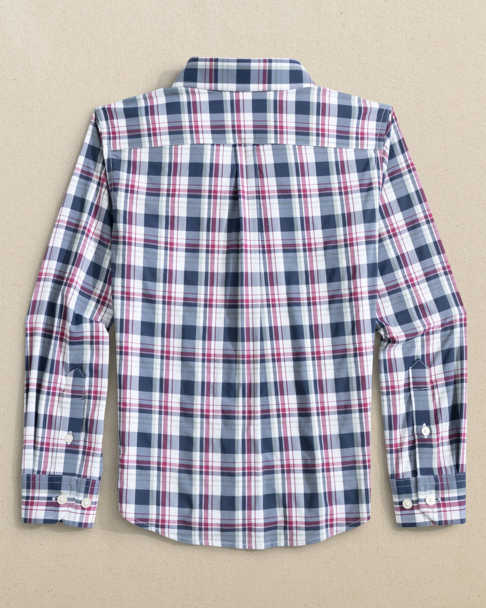 The back view of the Southern Tide Boys Breakwater Plaid Intercoastal Long Sleeve Sport Shirt by Southern Tide - Dress Blue