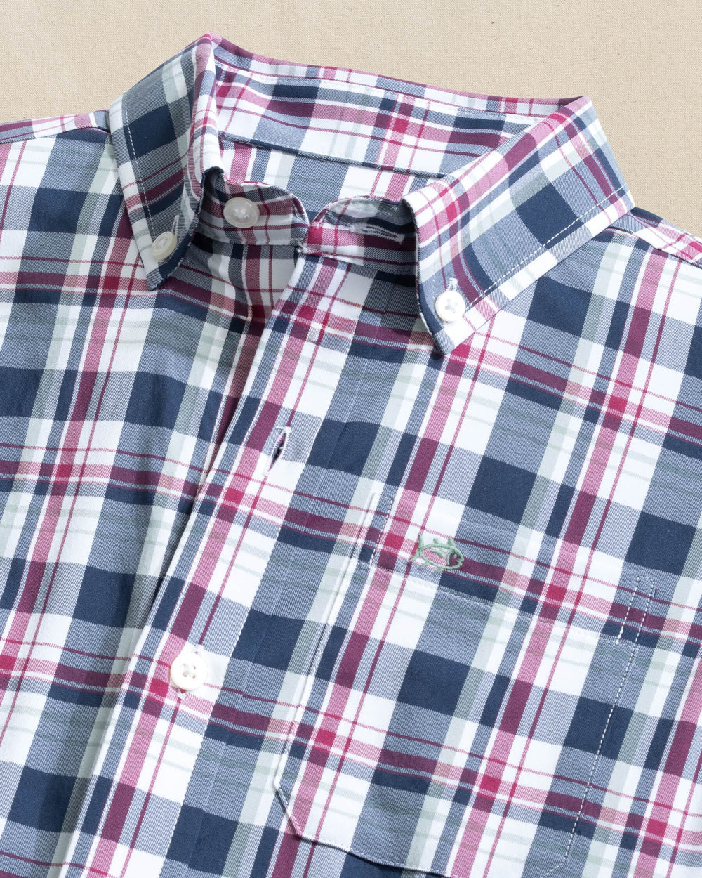 The detail view of the Southern Tide Boys Breakwater Plaid Intercoastal Long Sleeve Sport Shirt by Southern Tide - Dress Blue