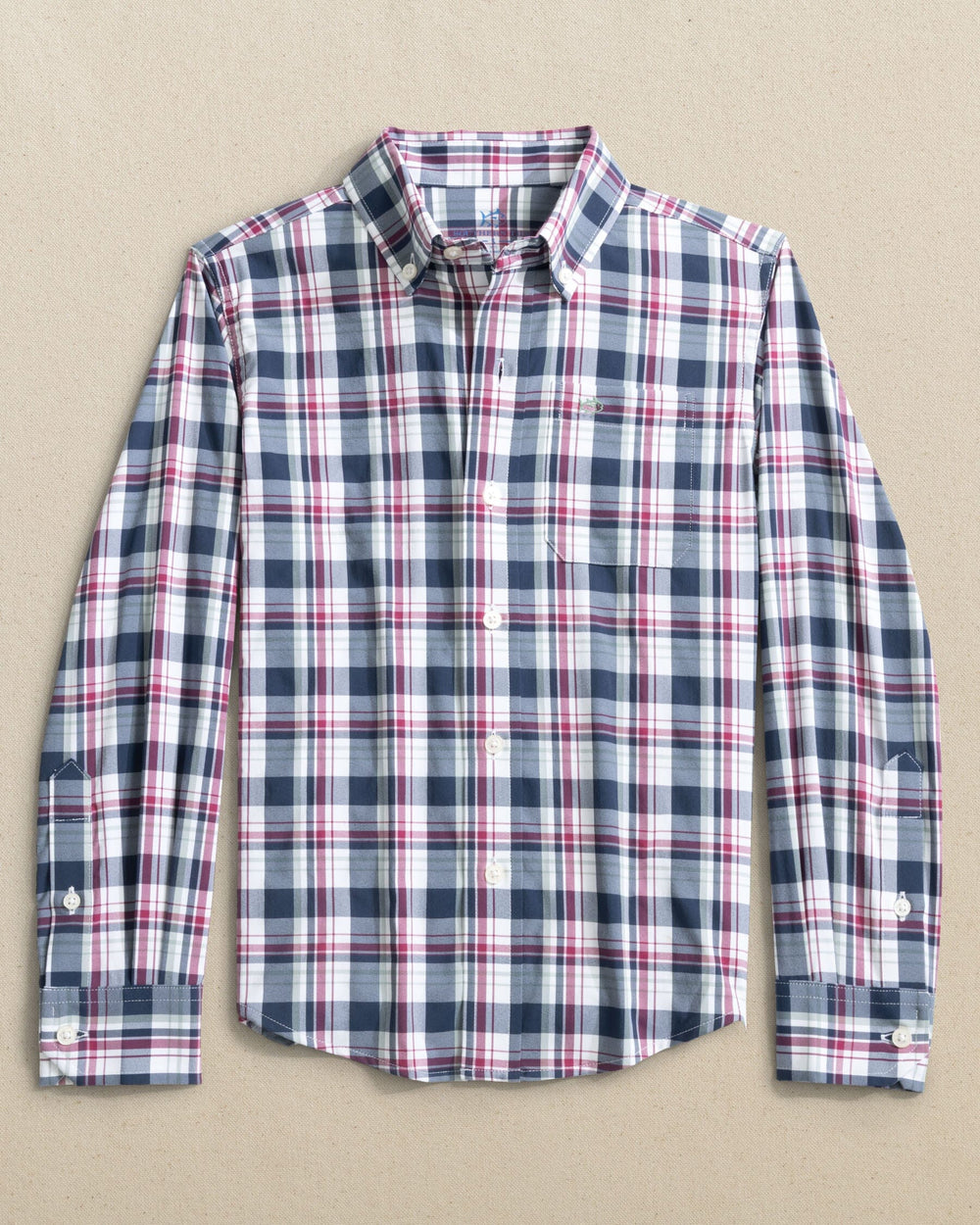The front view of the Southern Tide Boys Breakwater Plaid Intercoastal Long Sleeve Sport Shirt by Southern Tide - Dress Blue