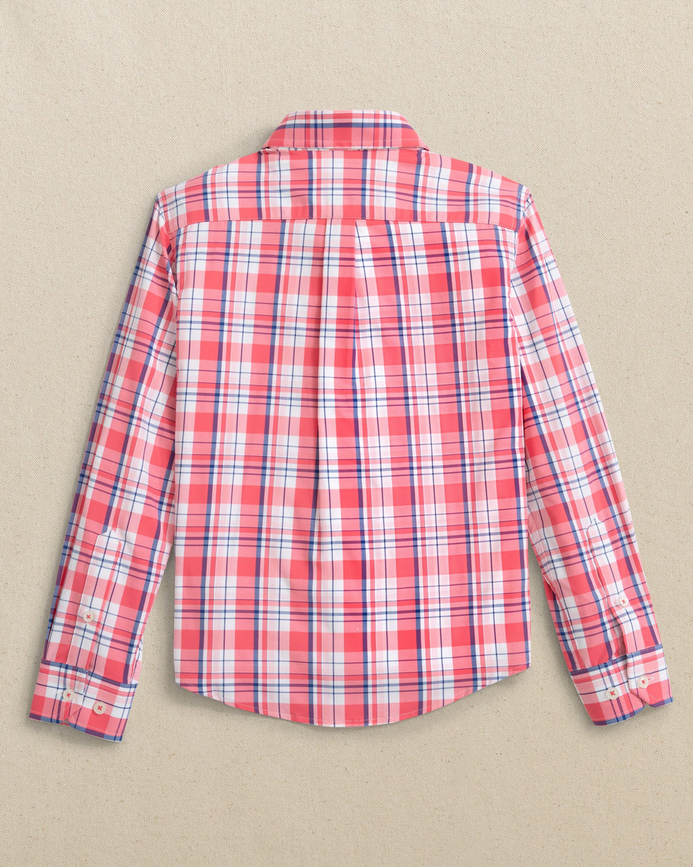 The back view of the Southern Tide Boys Breakwater Plaid Intercoastal Long Sleeve Sport Shirt by Southern Tide - Snapper