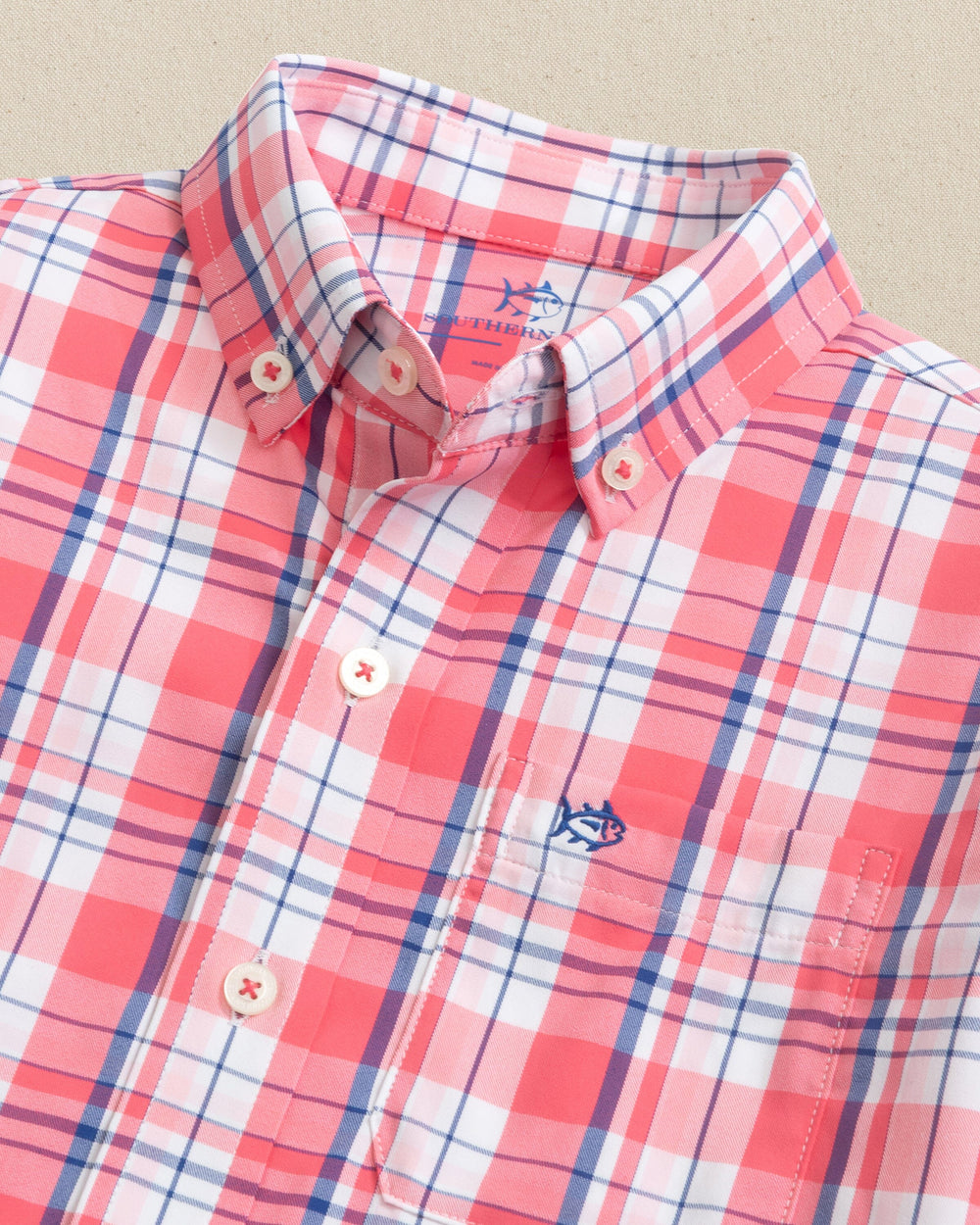 The collar view of the Southern Tide Boys Breakwater Plaid Intercoastal Long Sleeve Sport Shirt by Southern Tide - Snapper