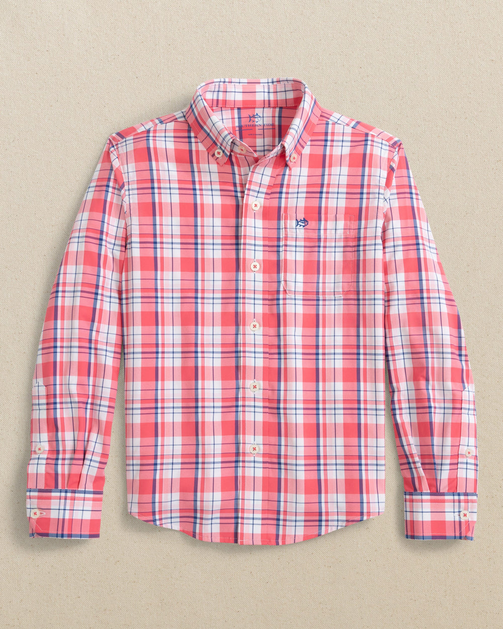 The front view of the Southern Tide Boys Breakwater Plaid Intercoastal Long Sleeve Sport Shirt by Southern Tide - Snapper