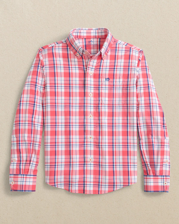 The front view of the Southern Tide Boys Breakwater Plaid Intercoastal Long Sleeve Sport Shirt by Southern Tide - Snapper