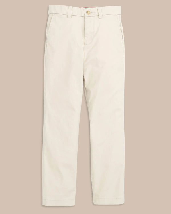 The front view of the Boys Channel Marker Pant by Southern Tide - Light Khaki