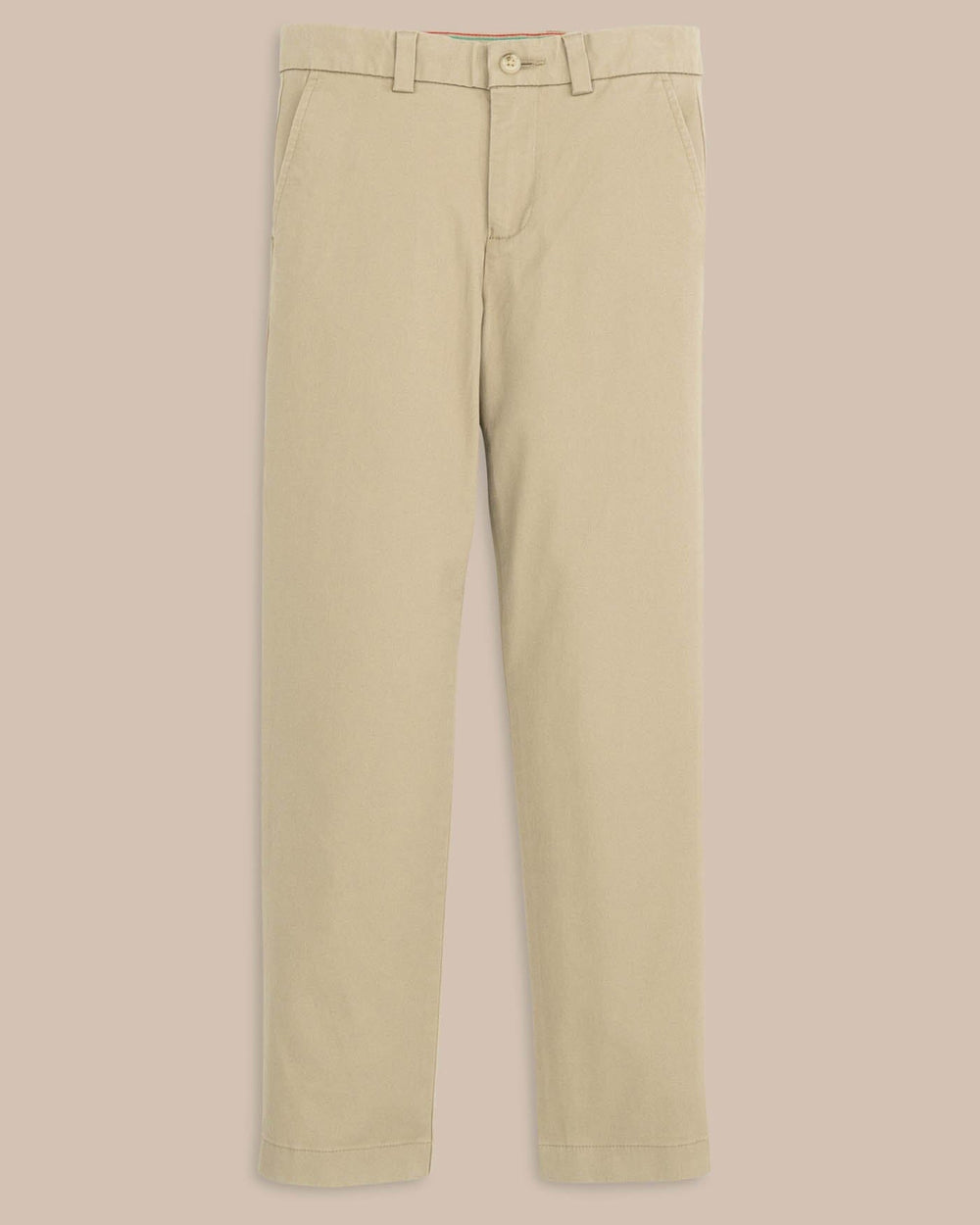 The front view of the Boys Channel Marker Pant by Southern Tide - Sandstone Khaki