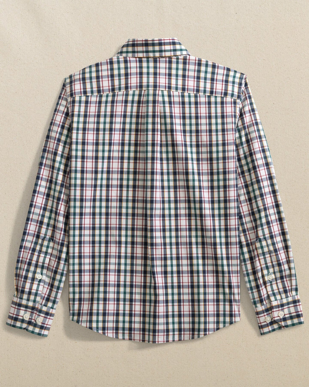 The back view of the Southern Tide Boys Charleston Master Plaid Long Sleeve Sport Shirt by Southern Tide - Forest Biome