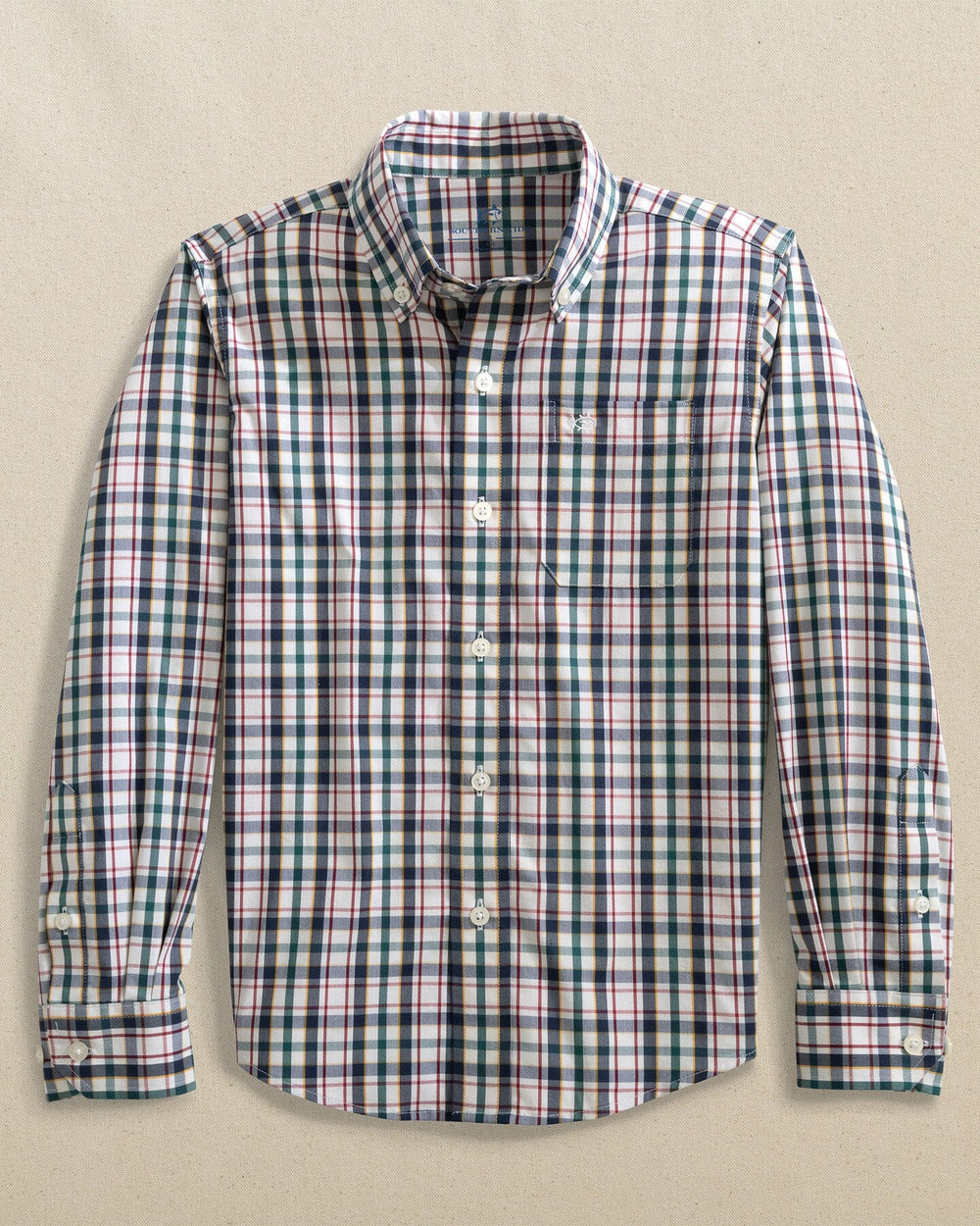 The front view of the Southern Tide Boys Charleston Master Plaid Long Sleeve Sport Shirt by Southern Tide - Forest Biome