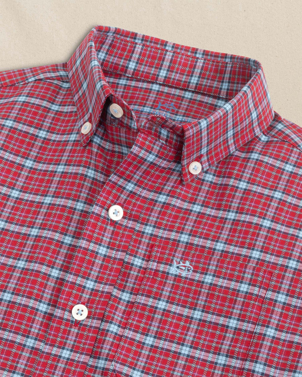 The detail view of the Southern Tide Boys Chimney Creek Skipjack Sport Shirt by Southern Tide - Salsa Red