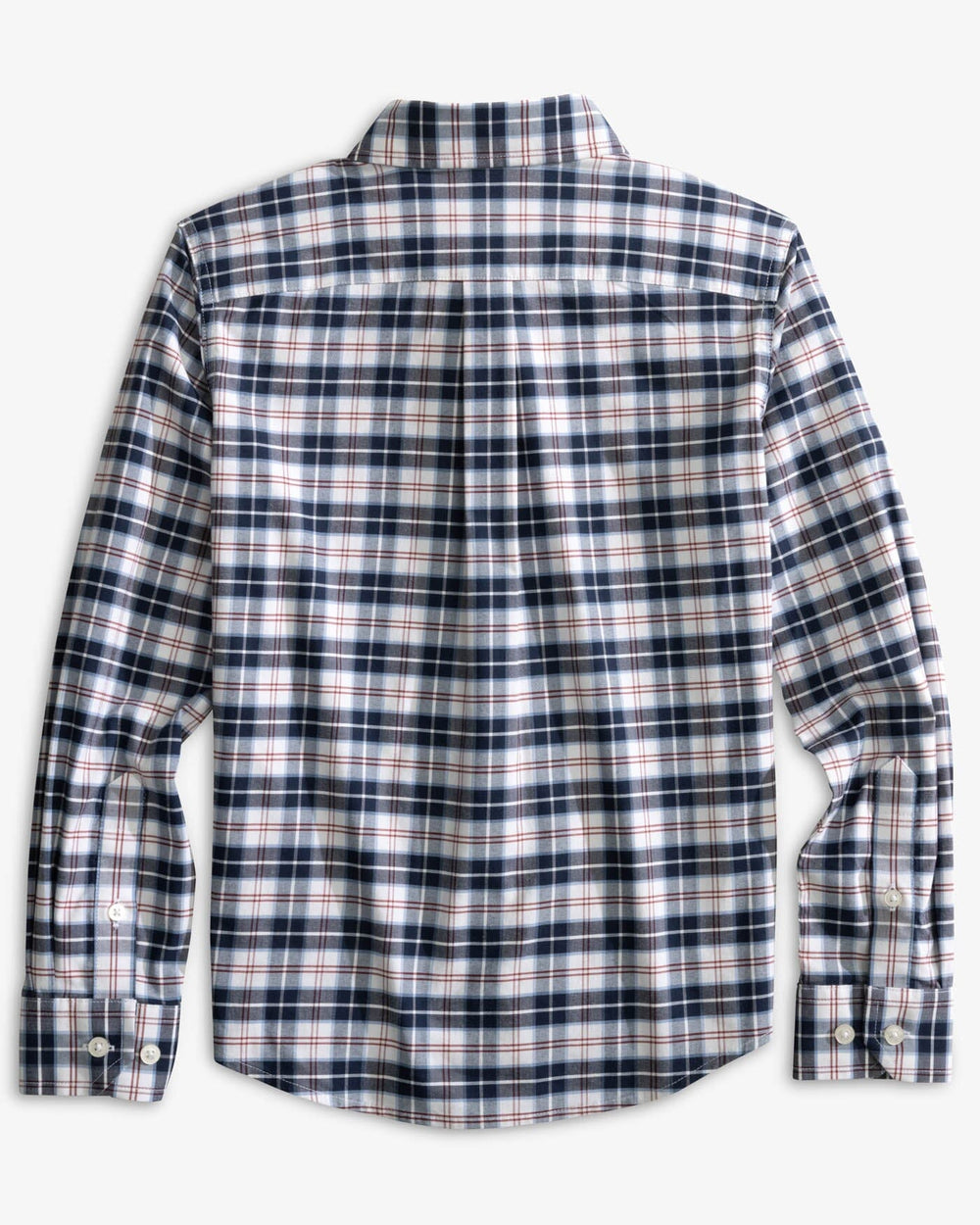 The back view of the Southern Tide Boys Coastal Passage Dearview Plaid Long Sleeve Sportshirt by Southern Tide - Dress Blue