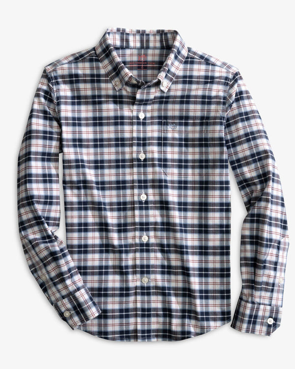The front view of the Southern Tide Boys Coastal Passage Dearview Plaid Long Sleeve Sportshirt by Southern Tide - Dress Blue