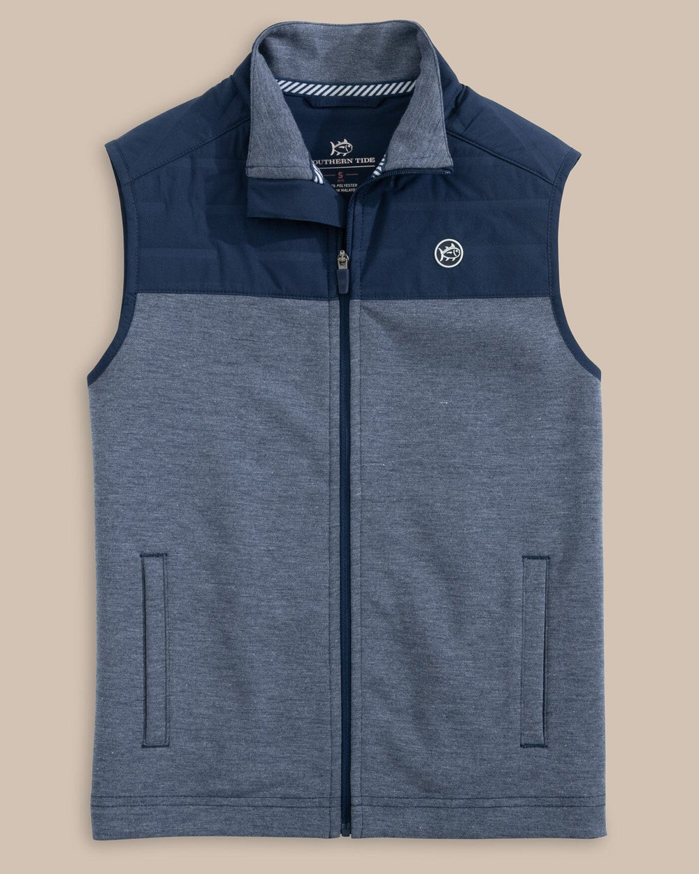 The front view of the Southern Tide Boys Coligny Quilted Vest by Southern Tide - Dress Blue