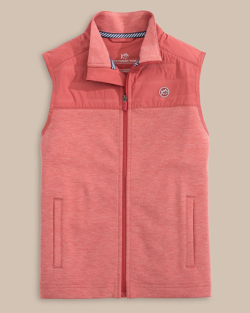 The front view of the Southern Tide Boys Coligny Quilted Vest by Southern Tide - Mineral Red