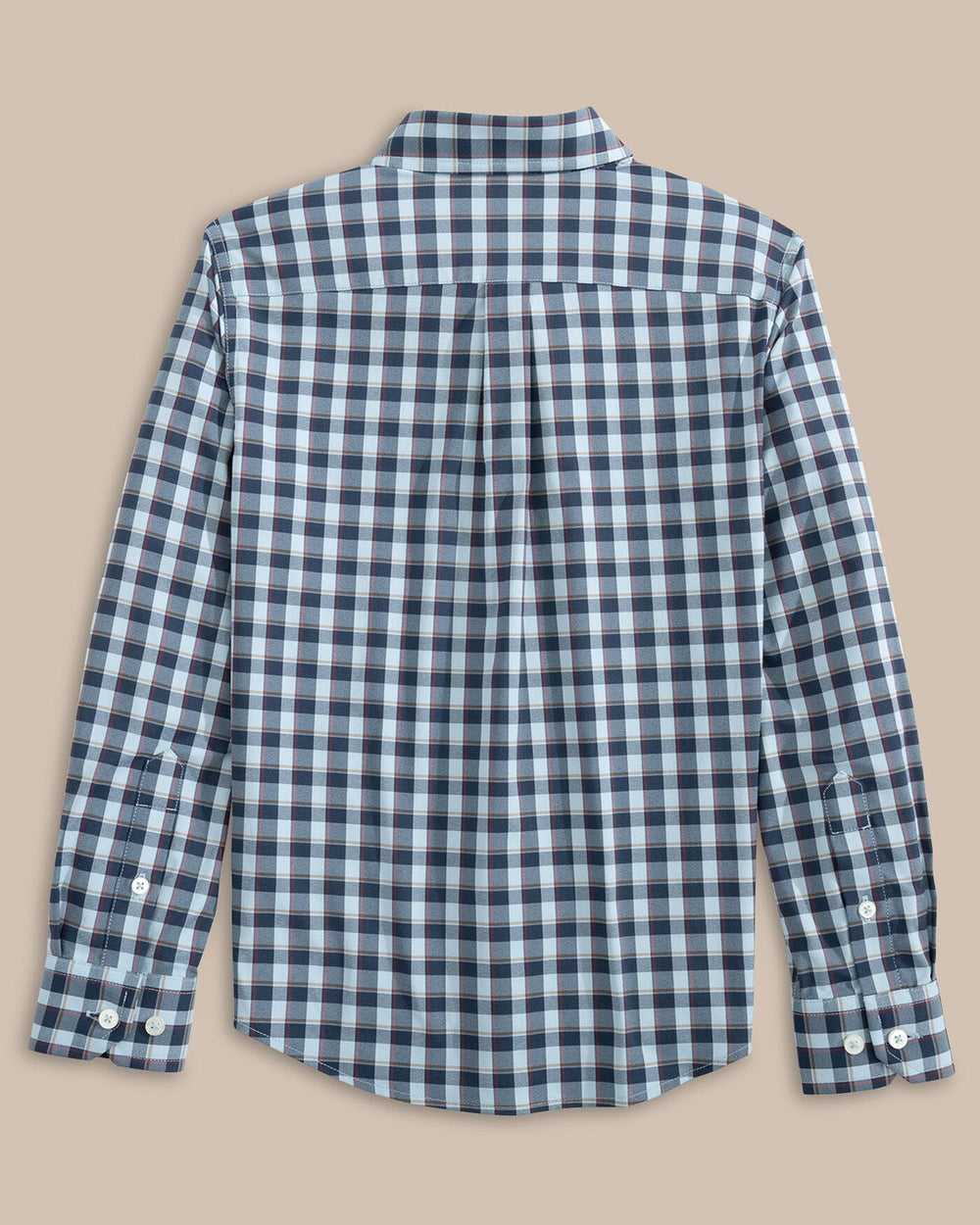 The back view of the Southern Tide Boys Colleton Intercoastal Plaid Sport Shirt by Southern Tide - Dress Blue