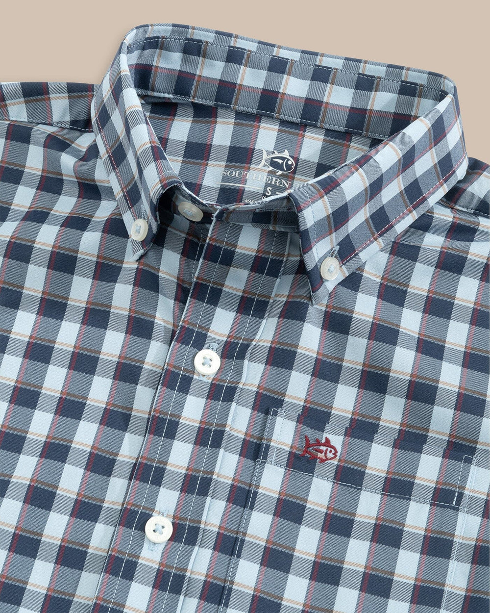 The detail view of the Southern Tide Boys Colleton Intercoastal Plaid Sport Shirt by Southern Tide - Dress Blue