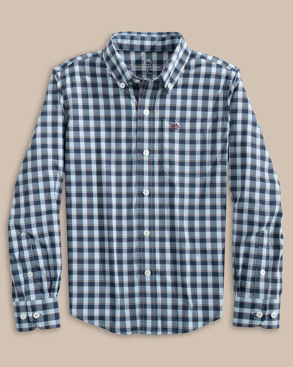 The front view of the Southern Tide Boys Colleton Intercoastal Plaid Sport Shirt by Southern Tide - Dress Blue