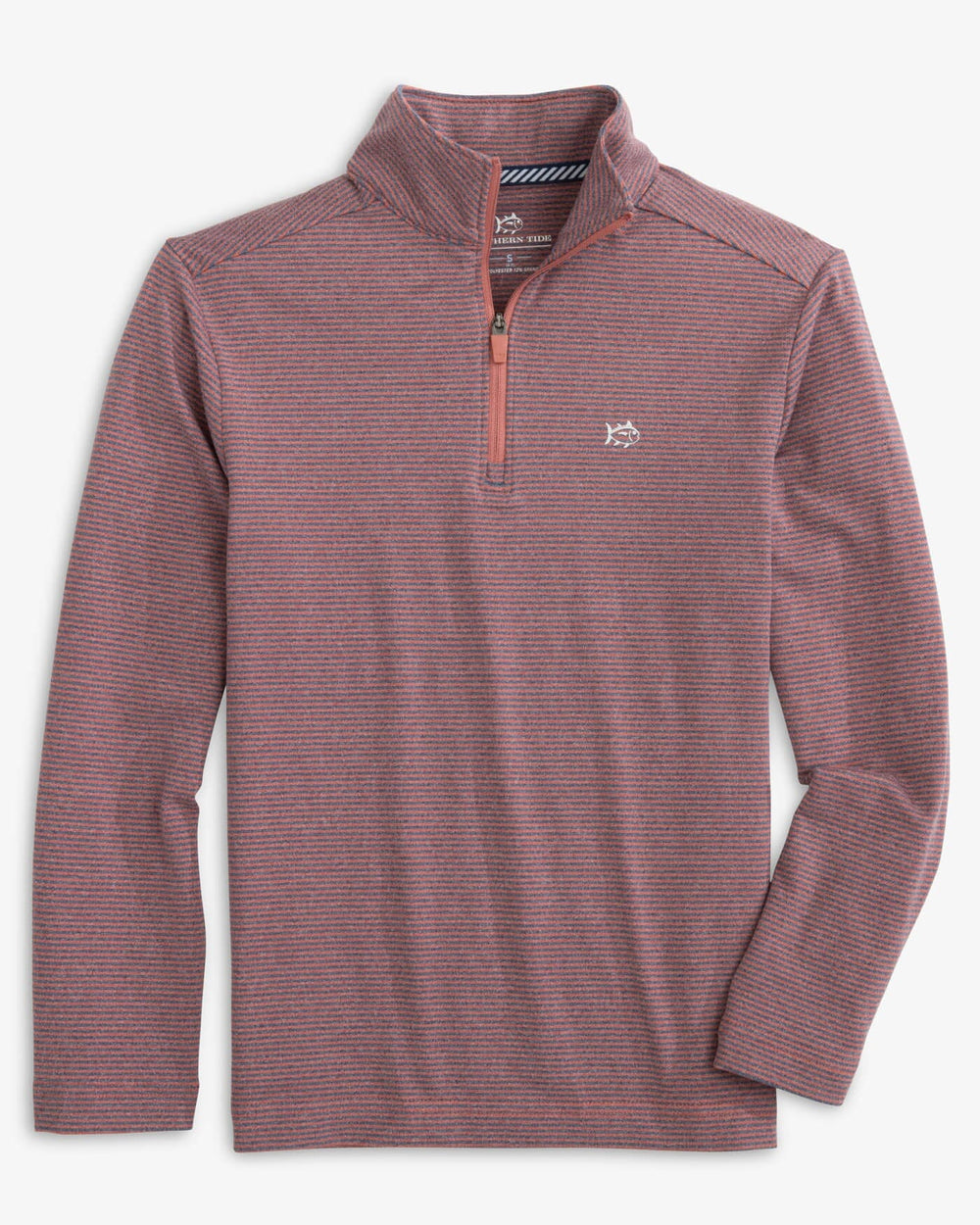 The front view of the Southern Tide Boys Cruiser Heather Micro-Stripe Quarter Zip Pullover by Southern Tide - Heather Dusty Coral