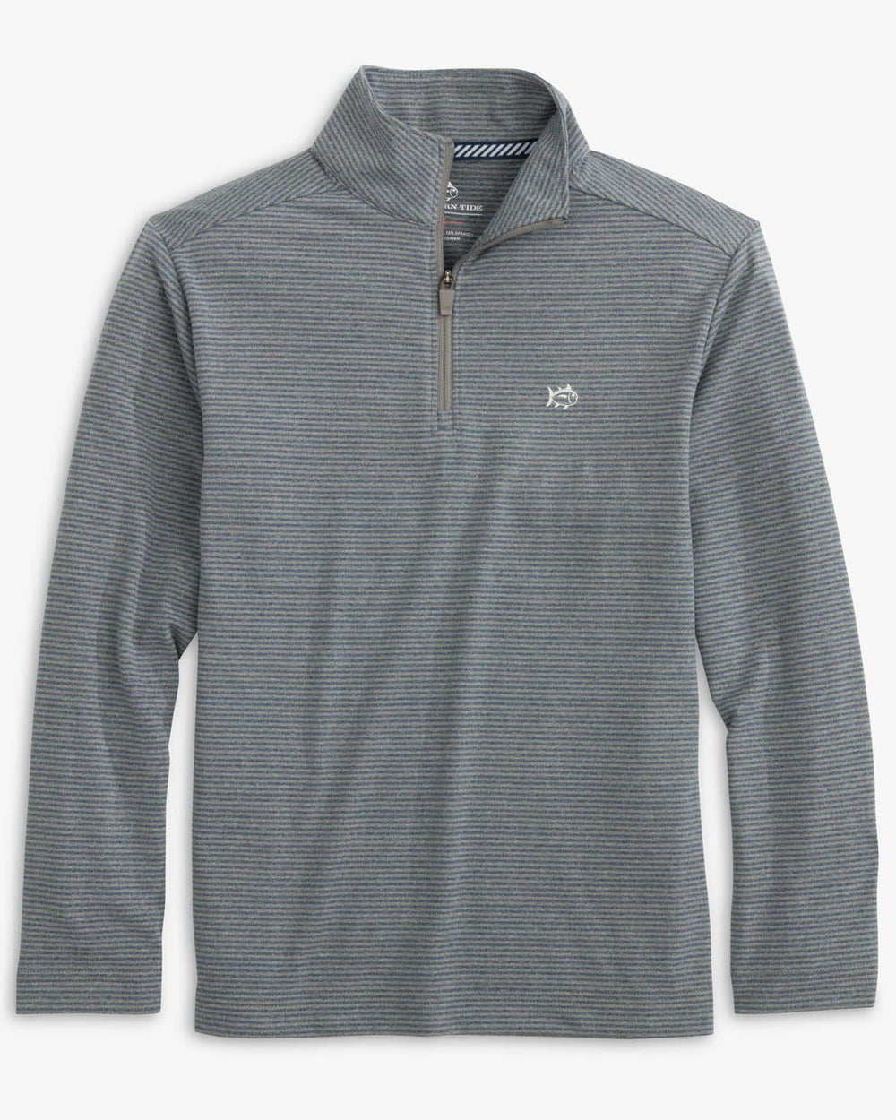 The front view of the Southern Tide Boys Cruiser Heather Micro-Stripe Quarter Zip Pullover by Southern Tide - Heather Shadow Grey