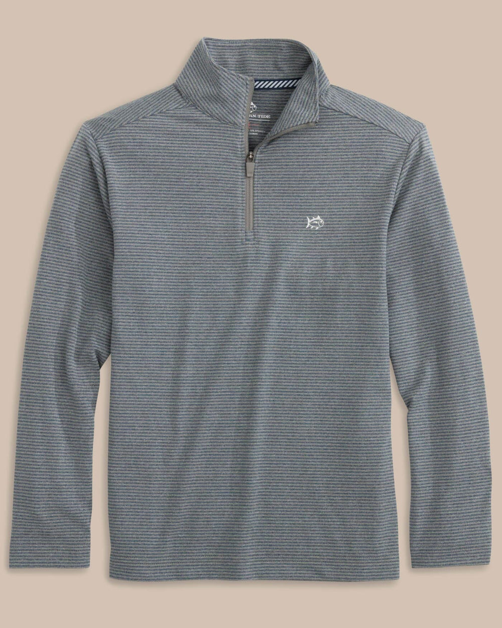 The front view of the Southern Tide Boys Cruiser Heather Micro-Stripe Quarter Zip Pullover by Southern Tide - Heather Shadow Grey