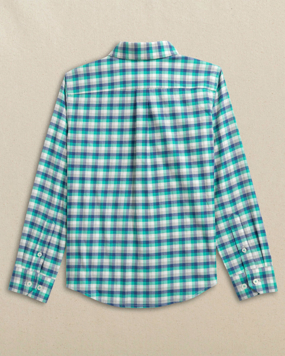 The back view of the Southern Tide Boys Diamond Cove Heather Skipjack Sport Shirt by Southern Tide - Heather Persian Green