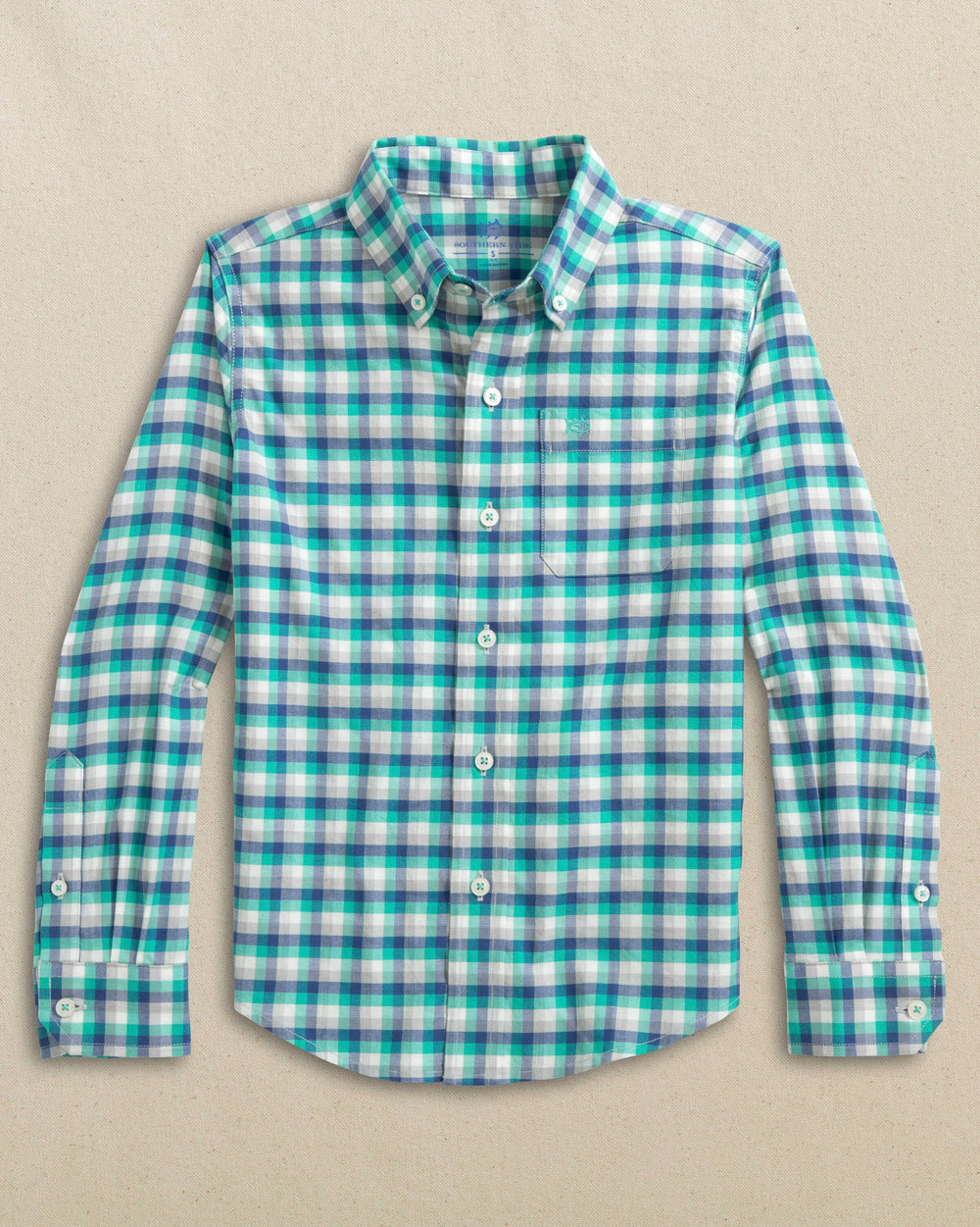 The front view of the Southern Tide Boys Diamond Cove Heather Skipjack Sport Shirt by Southern Tide - Heather Persian Green