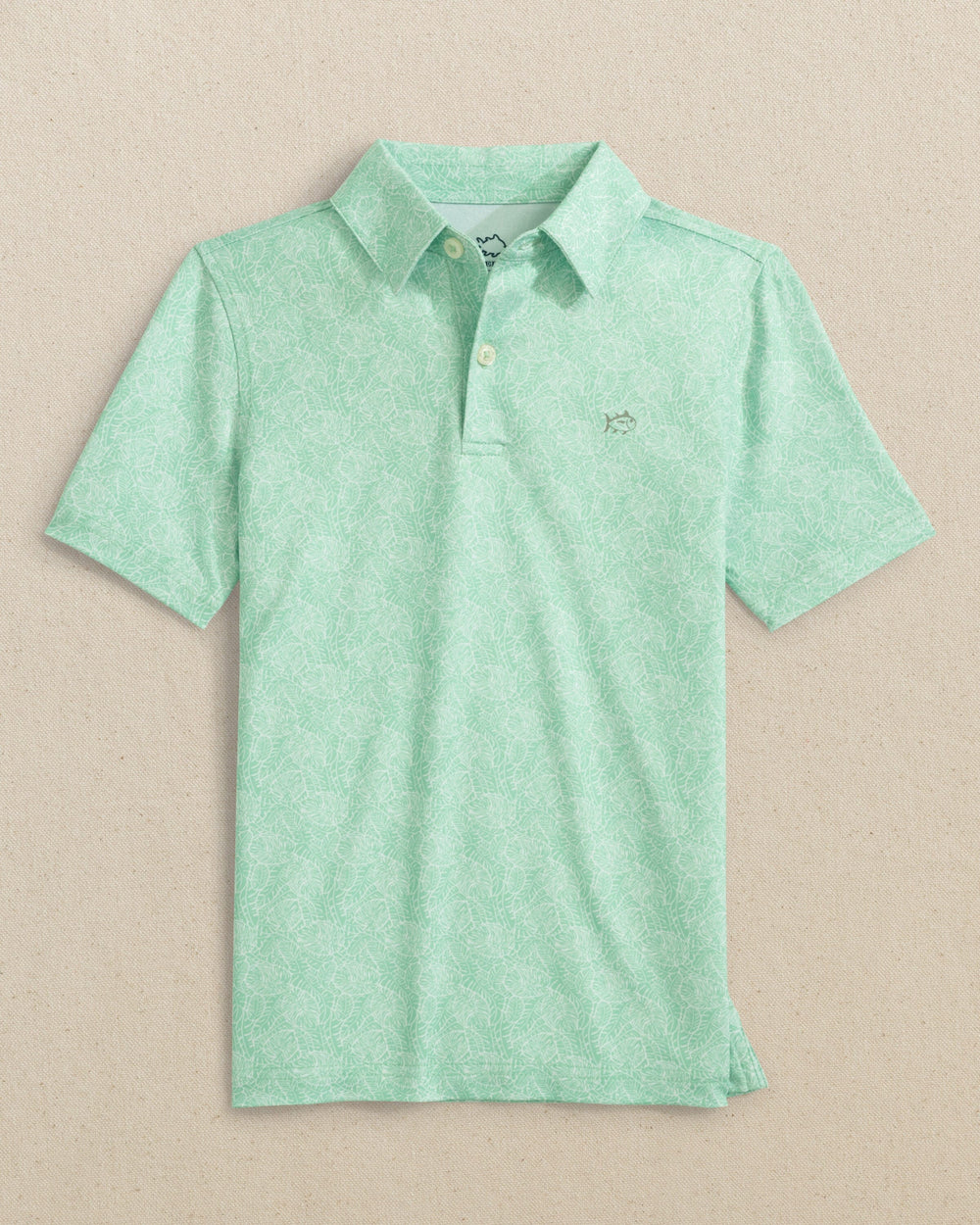 The front view of the Southern Tide Boys Driver Beach Palms Printed Performance Polo by Southern Tide - Garden Grove