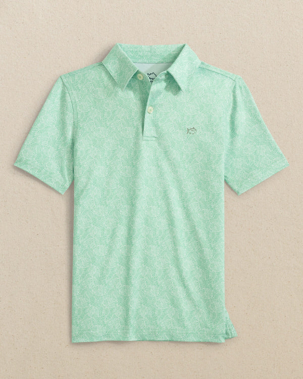The front view of the Southern Tide Boys Driver Beach Palms Printed Performance Polo by Southern Tide - Garden Grove