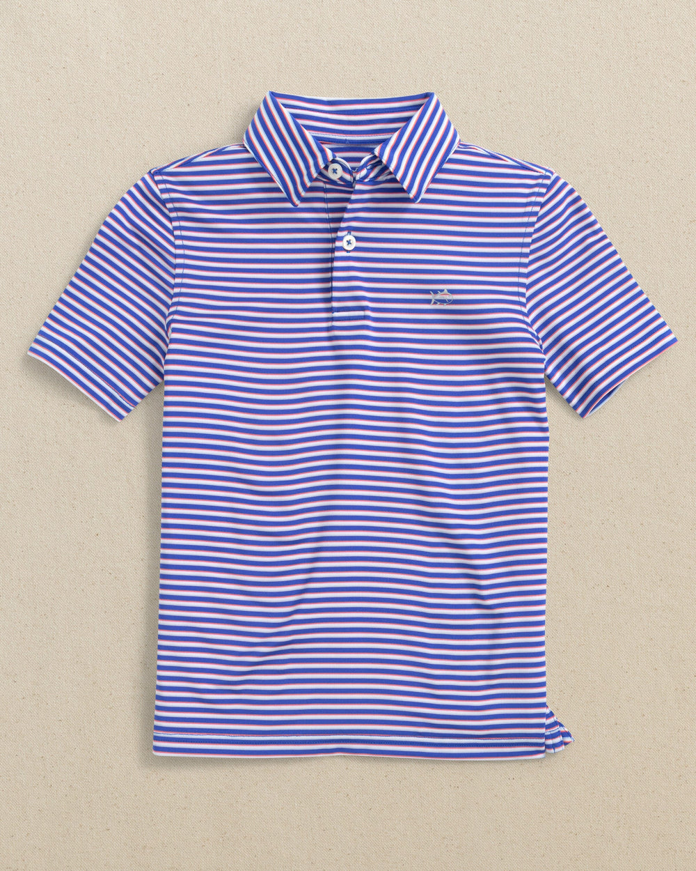 The front view of the Southern Tide Kids Driver Caravel Stripe Performance Polo by Southern Tide - Dazzling Blue