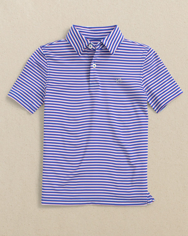 The front view of the Southern Tide Kids Driver Caravel Stripe Performance Polo by Southern Tide - Dazzling Blue