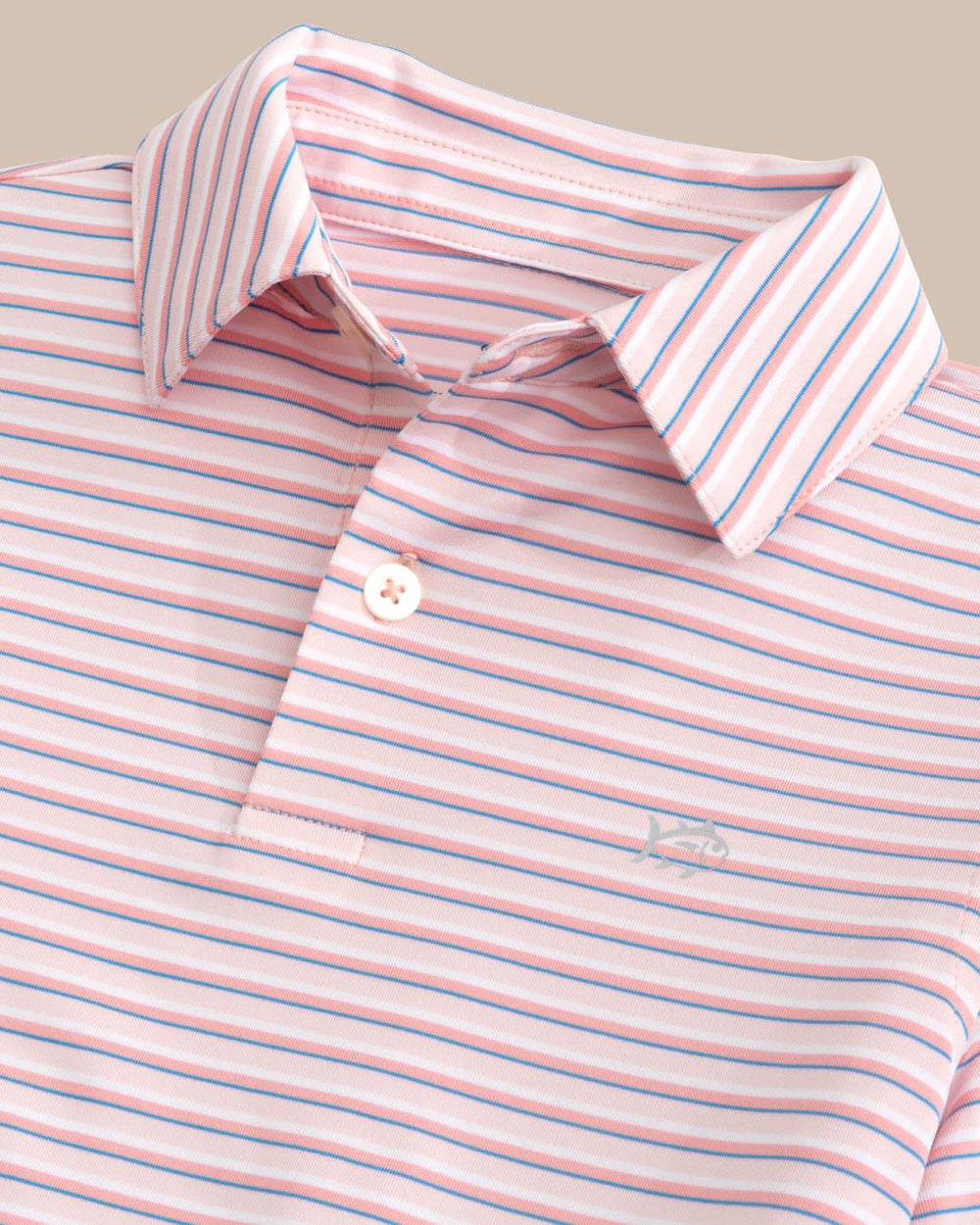 The detail view of the Southern Tide Boys Driver Carova Stripe Polo Shirt by Southern Tide - Light Pink