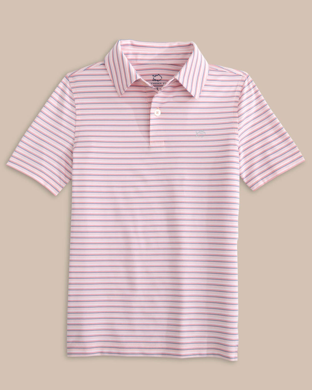 The front view of the Southern Tide Boys Driver Carova Stripe Polo Shirt by Southern Tide - Light Pink