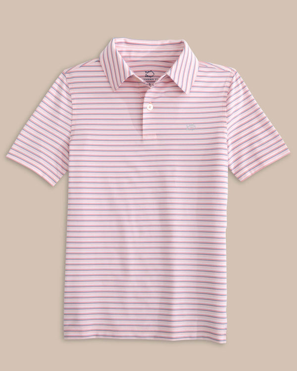 The front view of the Southern Tide Boys Driver Carova Stripe Polo Shirt by Southern Tide - Light Pink