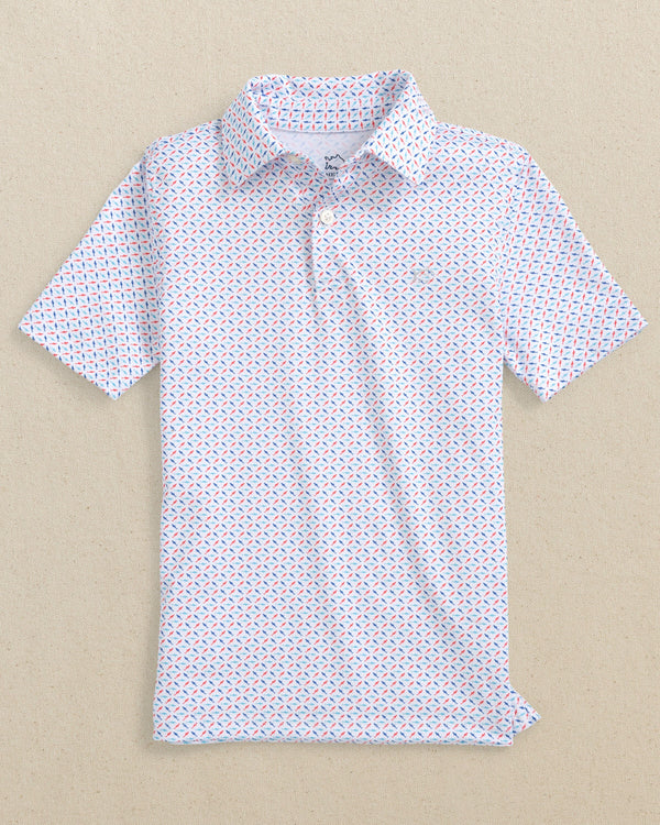 The front view of the Southern Tide Boys Driver Fin-tastic Catch Printed Performance Polo by Southern Tide - Classic White