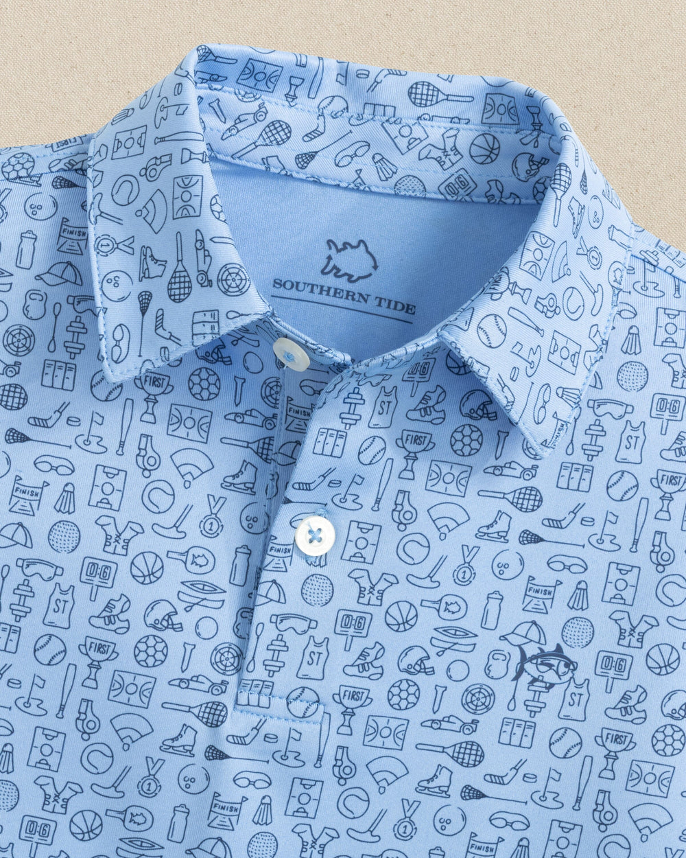 The collar view of the Southern Tide Boys Driver Finally Friday Printed Performance Polo by Southern TIde - Ocean Channel