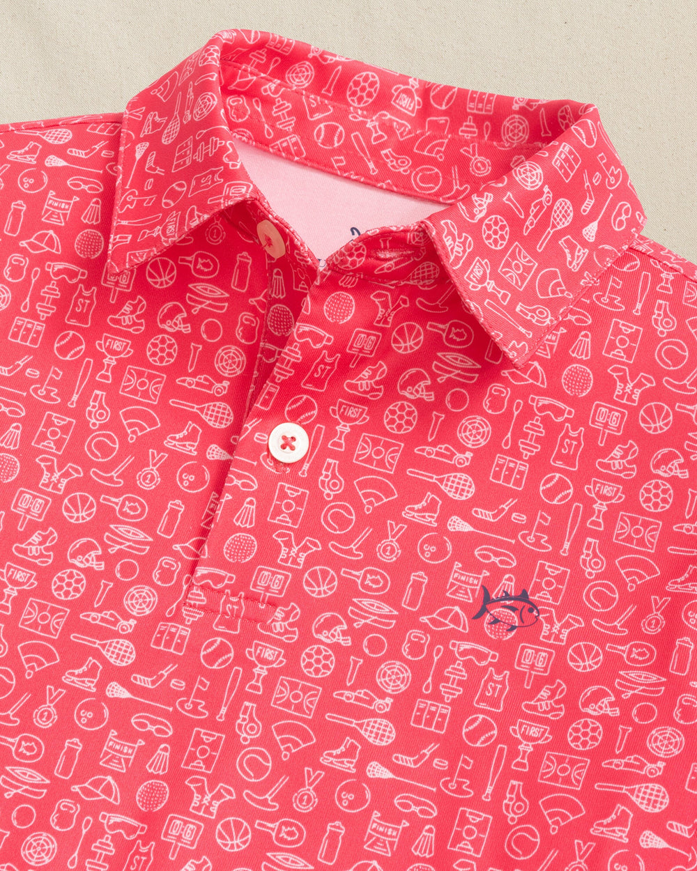 The collar view of the Southern Tide Boys Driver Finally Friday Printed Performance Polo by Southern TIde - Snapper