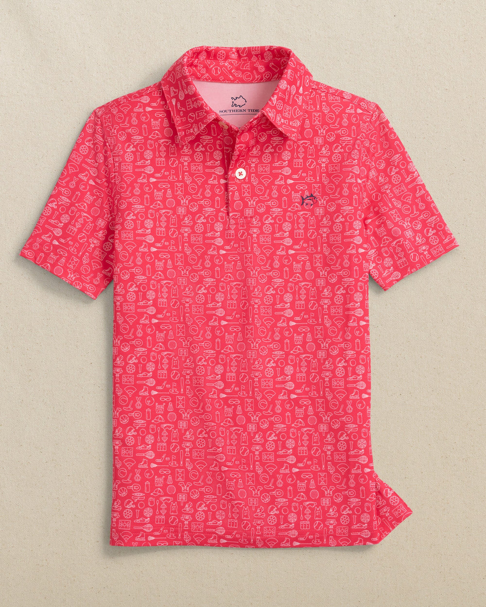 The front view of the Southern Tide Boys Driver Finally Friday Printed Performance Polo by Southern TIde - Snapper