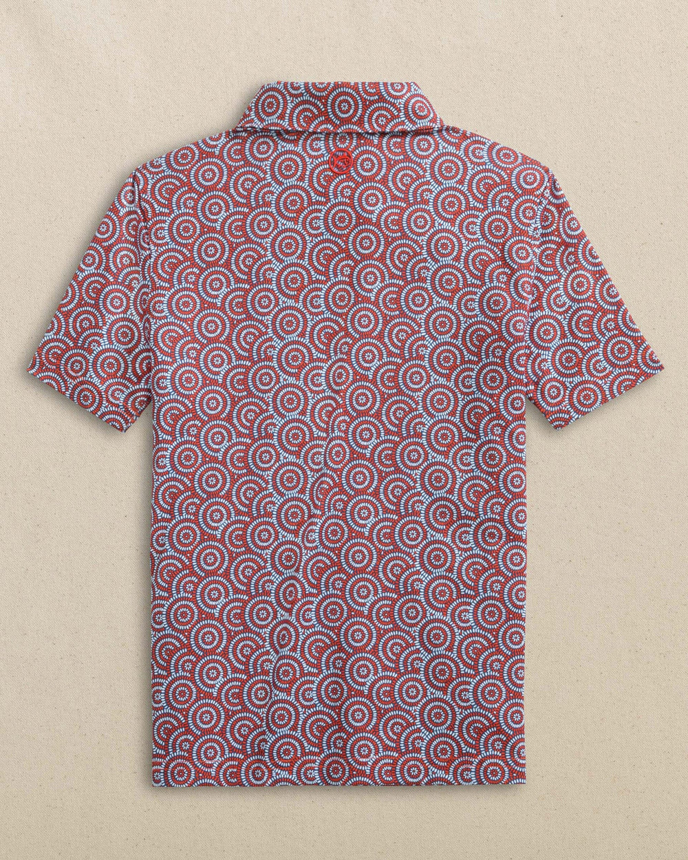 The back view of the Southern Tide Boys Driver Firecracker Printed Performance Polo by Southern Tide - Channel Marker Red