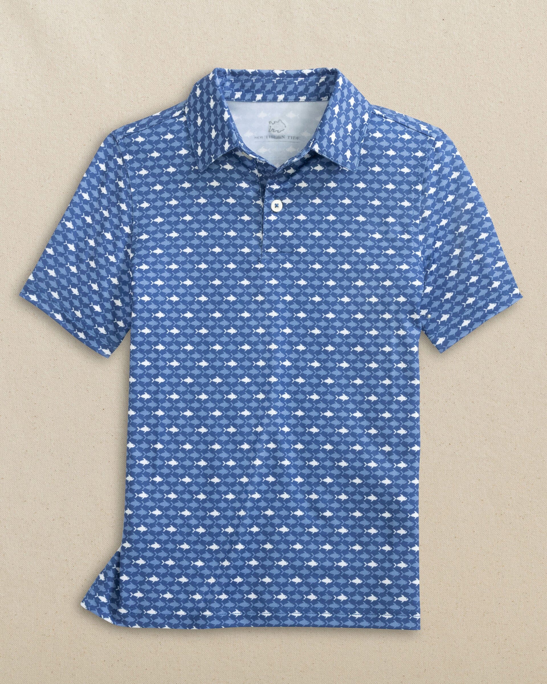 Southern Tide Boys' Driver Fish Printed Performance Polo Blue (Size XL) 94% Recycled Polyester 6% Spandex