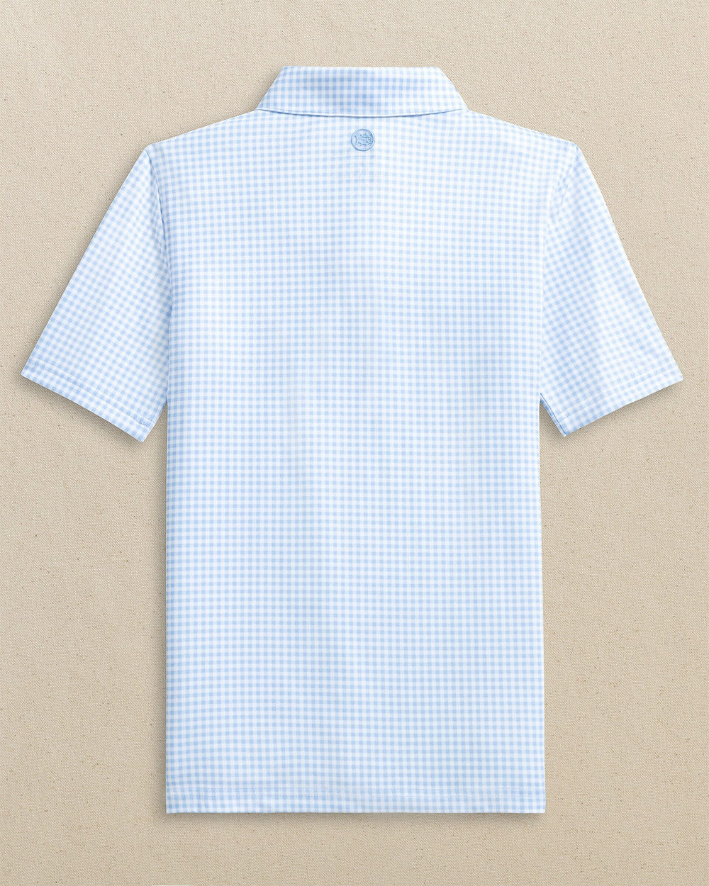 The back view of the Southern Tide Boys Driver Gingham Printed Performance Polo by Southern Tide - Tide Blue