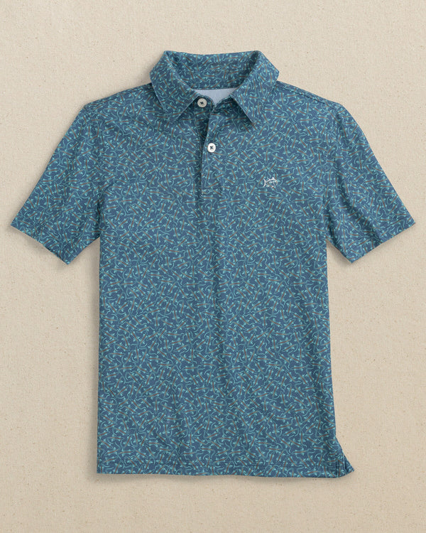 The front view of the Southern Tide Boys Driver Iguana Glee Printed Performance Polo by Southern Tide - Light Indigo