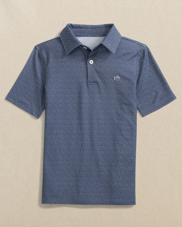 The front view of the Southern Tide Boys Driver Jaw Breakers Performance Polo by Southern Tide - Light Indigo 