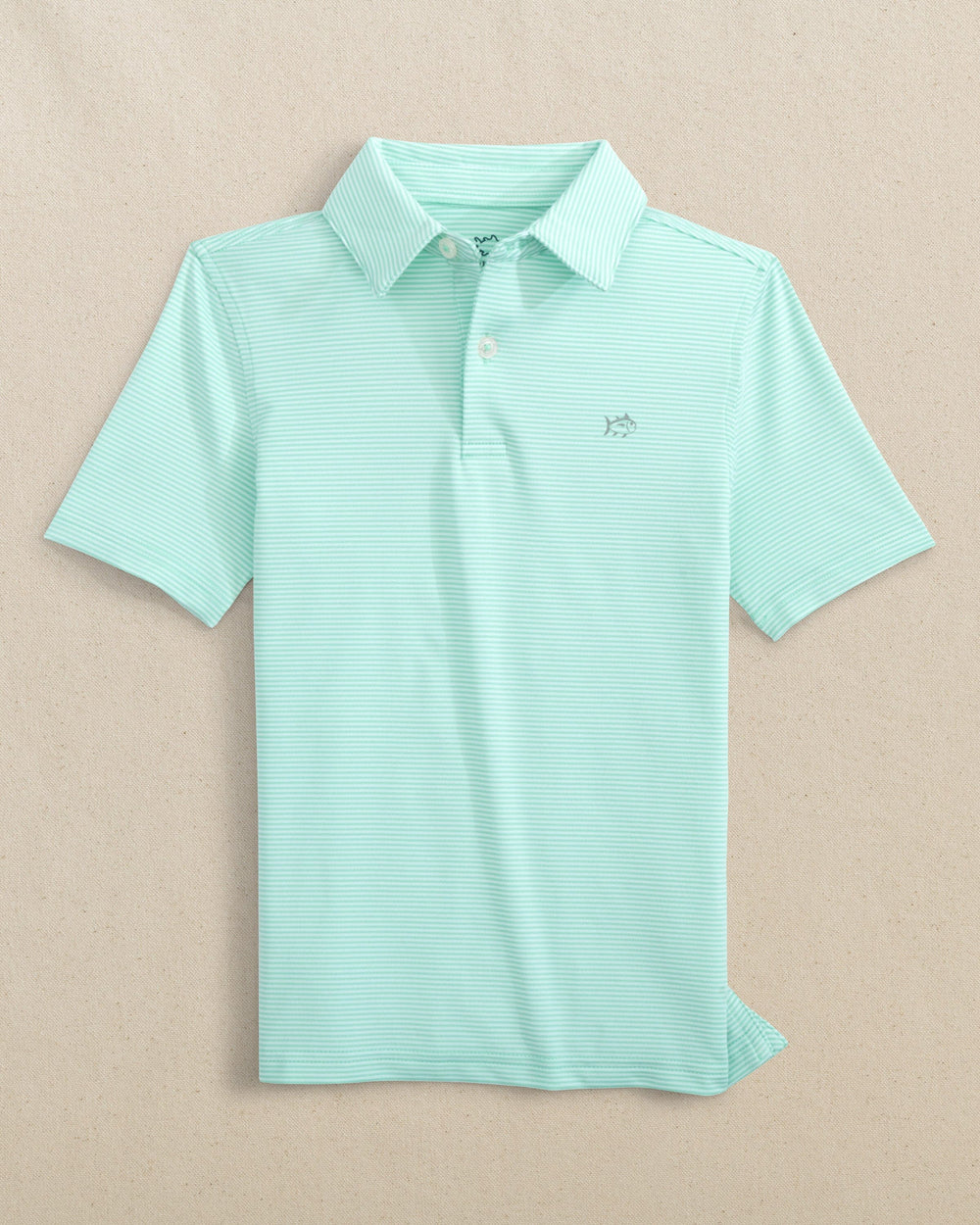 The front view of the Southern Tide Boys Driver Meadowbrook Stripe Performance Polo by Southern Tide - Garden Grove