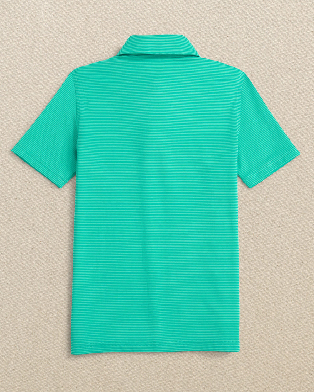 The back view of the Southern Tide Boys Driver Meadowbrook Stripe Performance Polo by Southern Tide - Turtle Green