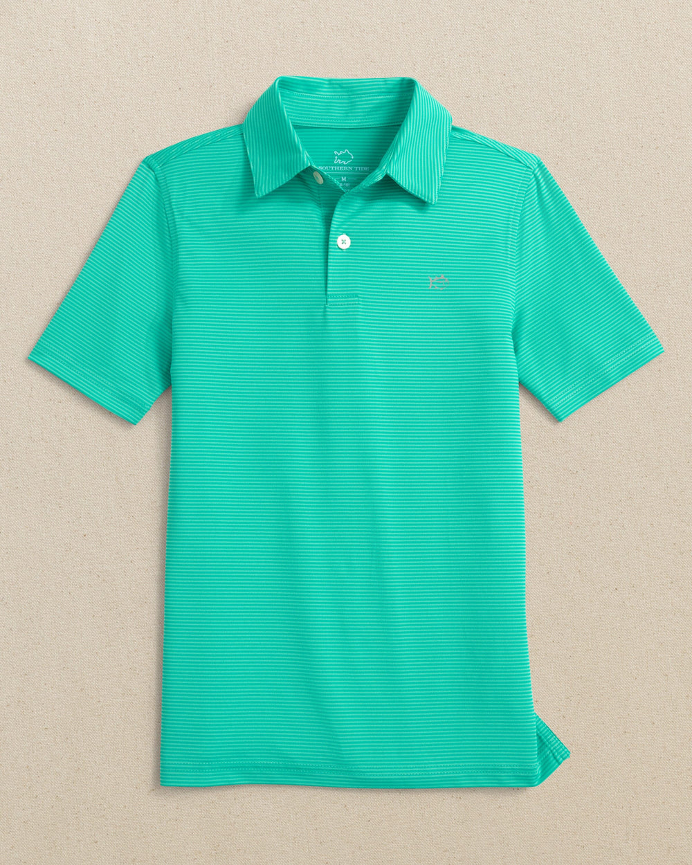 The front view of the Southern Tide Boys Driver Meadowbrook Stripe Performance Polo by Southern Tide - Turtle Green