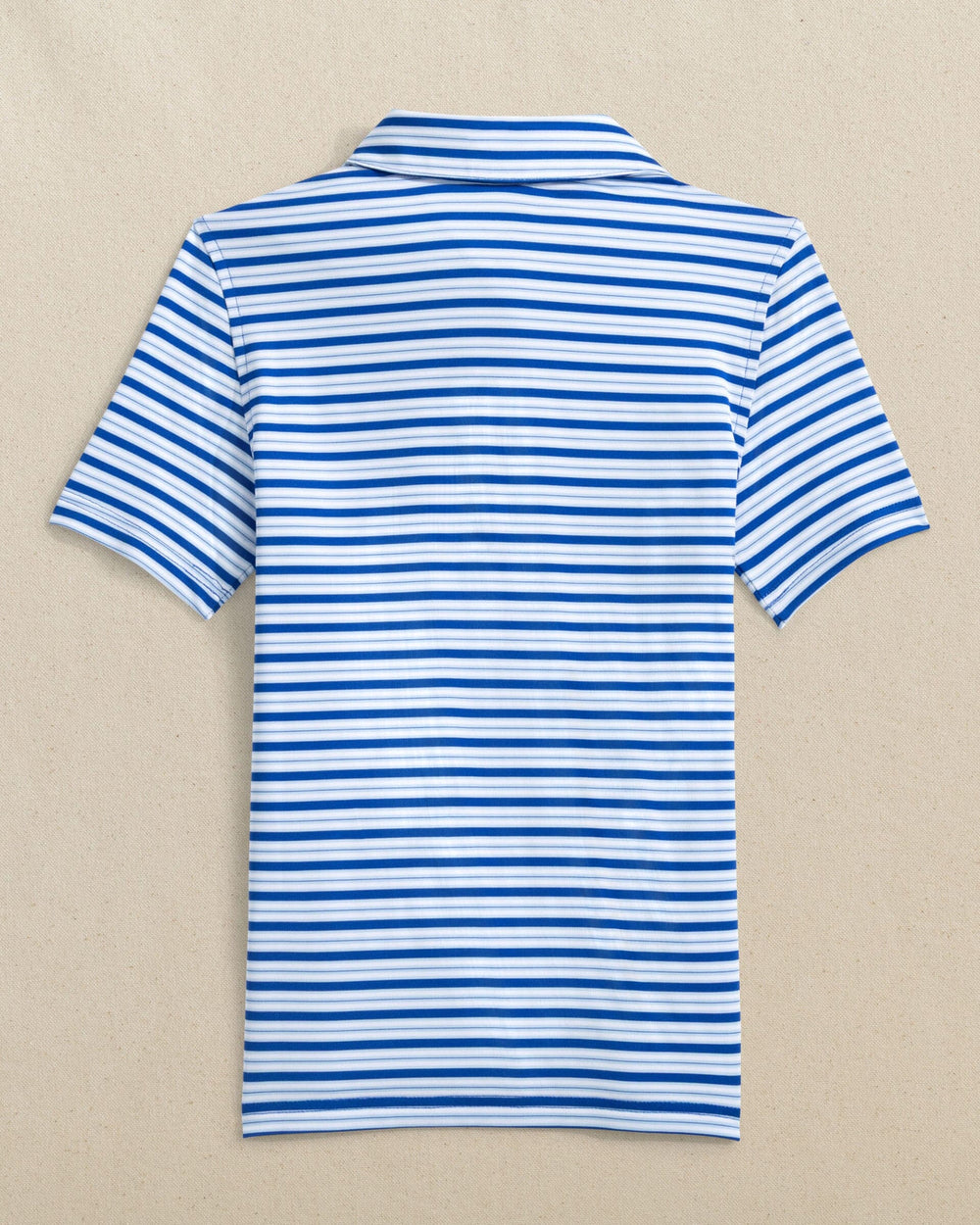 The back view of the Southern Tide Boys Driver Ocean Hill Stripe Performance Polo by Southern Tide - Surf Blue