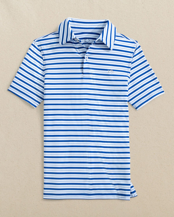 The front view of the Southern Tide Boys Driver Ocean Hill Stripe Performance Polo by Southern Tide - Surf Blue